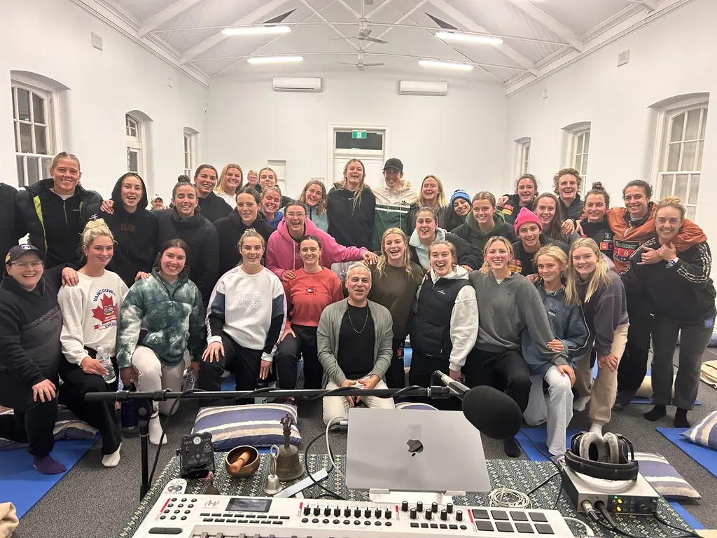 Sam Cutri with Fremantle Dockers AFLW players after a Soundful Experience session
