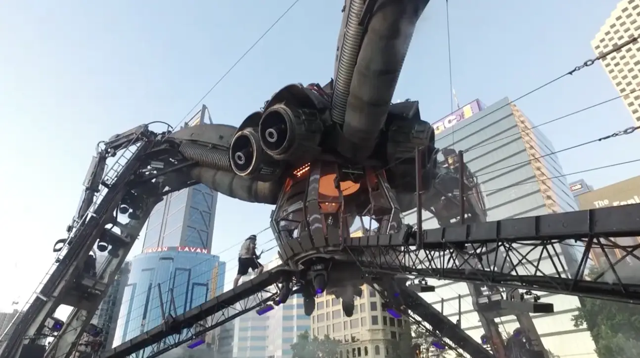 Arcadia's monumental Spider performance structure during a large public event