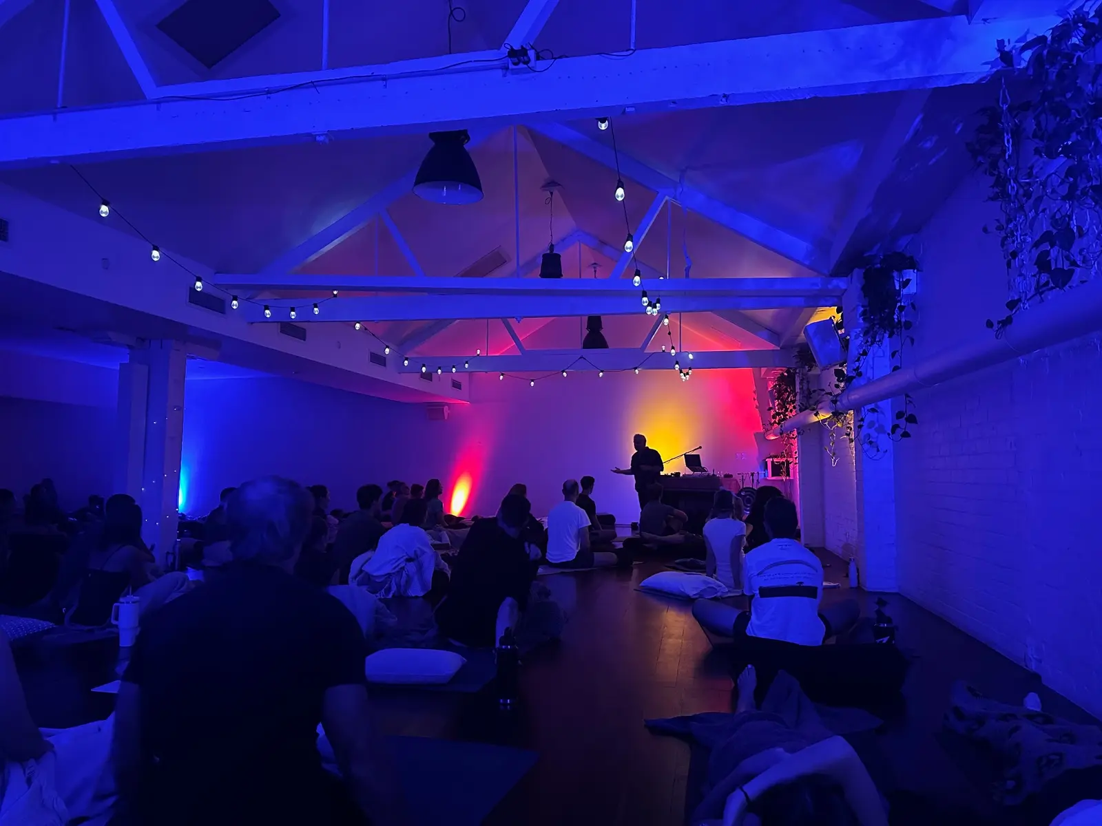 Audience immersed in a live Soundful Experience under blue and red light