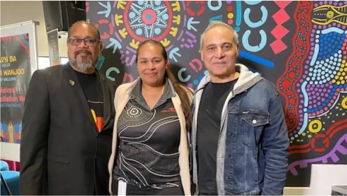 Sam Cutri with Marcia McGuire and Joshua McGuire before the mural at SAE Perth