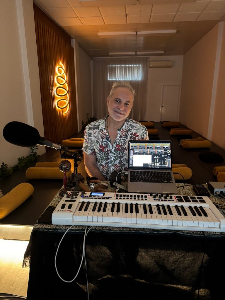 Sam Cutri with his live performance equipment in an intimate Soundful Experience venue