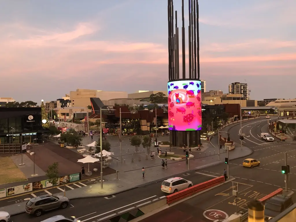 Large-scale digital artwork displayed on Yagan Tower in central Perth